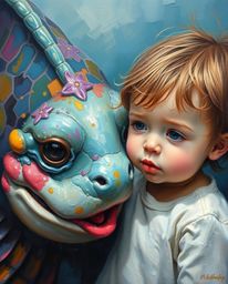 Experience a heartwarming scene rendered in the classic oil painting style, featuring rich textures and visible brushstrokes.