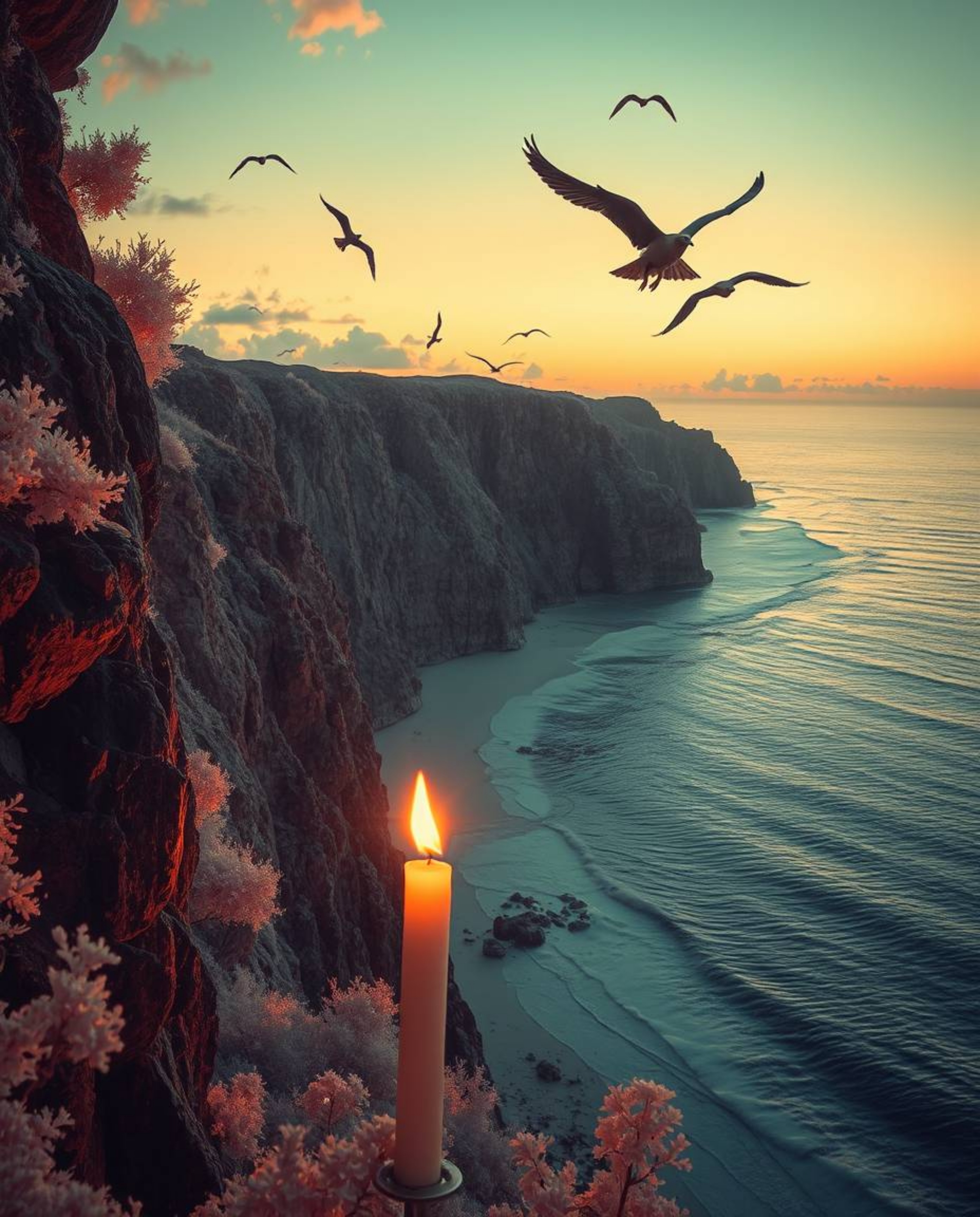 A surreal infrared image depicts a sunset over a coastal cliff with soaring birds. The scene is illuminated by a warm candlel