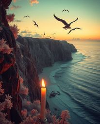 A surreal infrared image depicts a sunset over a coastal cliff with soaring birds. The scene is illuminated by a warm candlel