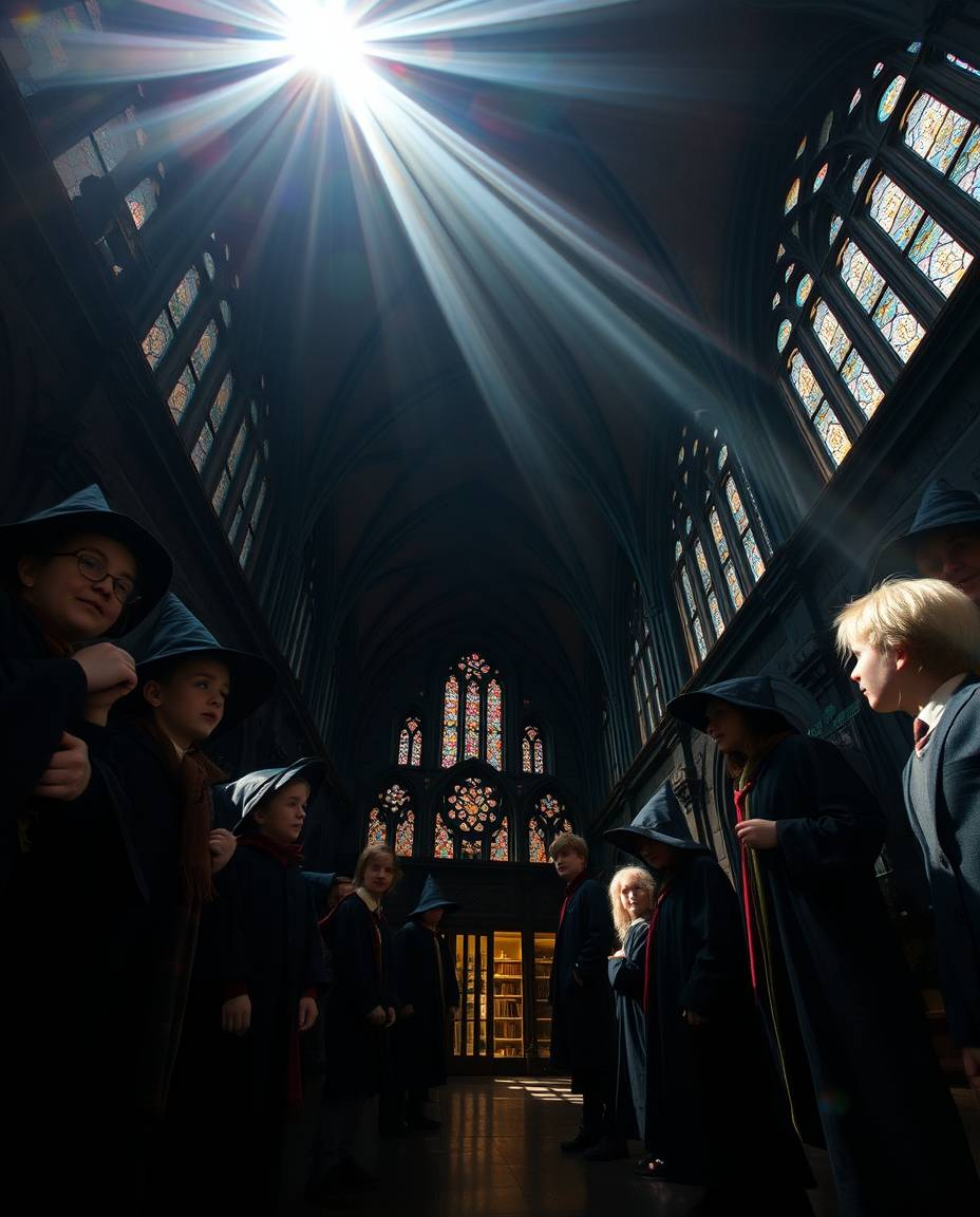 A captivating low-angle shot depicts a magical school brimming with young wizards. The image showcases a stunning contrast b