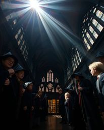 A captivating low-angle shot depicts a magical school brimming with young wizards. The image showcases a stunning contrast b