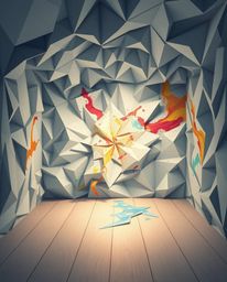 This captivating artwork depicts an intricate origami-style illustration of a room undergoing a vibrant paint explosion. The 