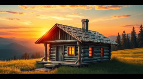 A stunning origami-style illustration depicts an old wooden cabin bathed in the warm glow of sunset.  The image showcases int