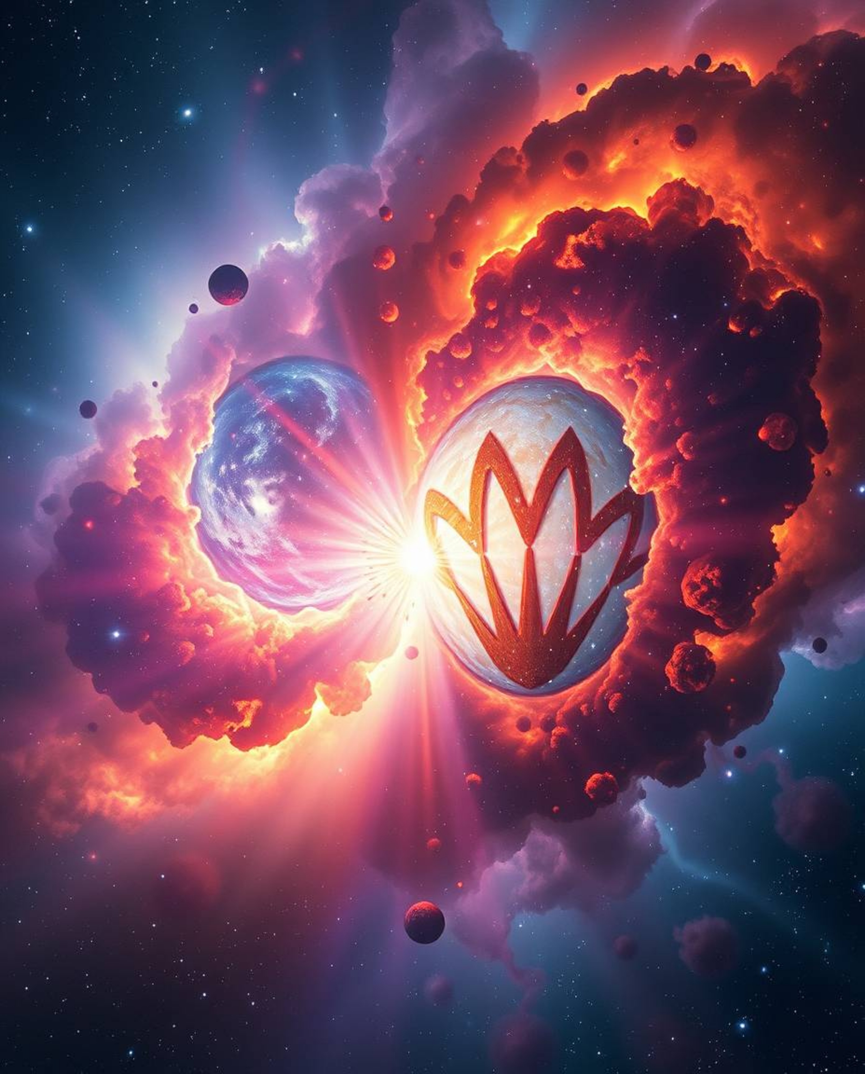 Witness the breathtaking spectacle of colliding galaxies in a cosmic explosion of light and color. This enchanting environmen