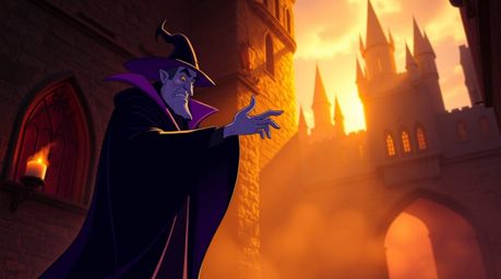 A captivating image of a classic Disney villain casting a spell within an ancient castle, bathed in the warm glow of golden h
