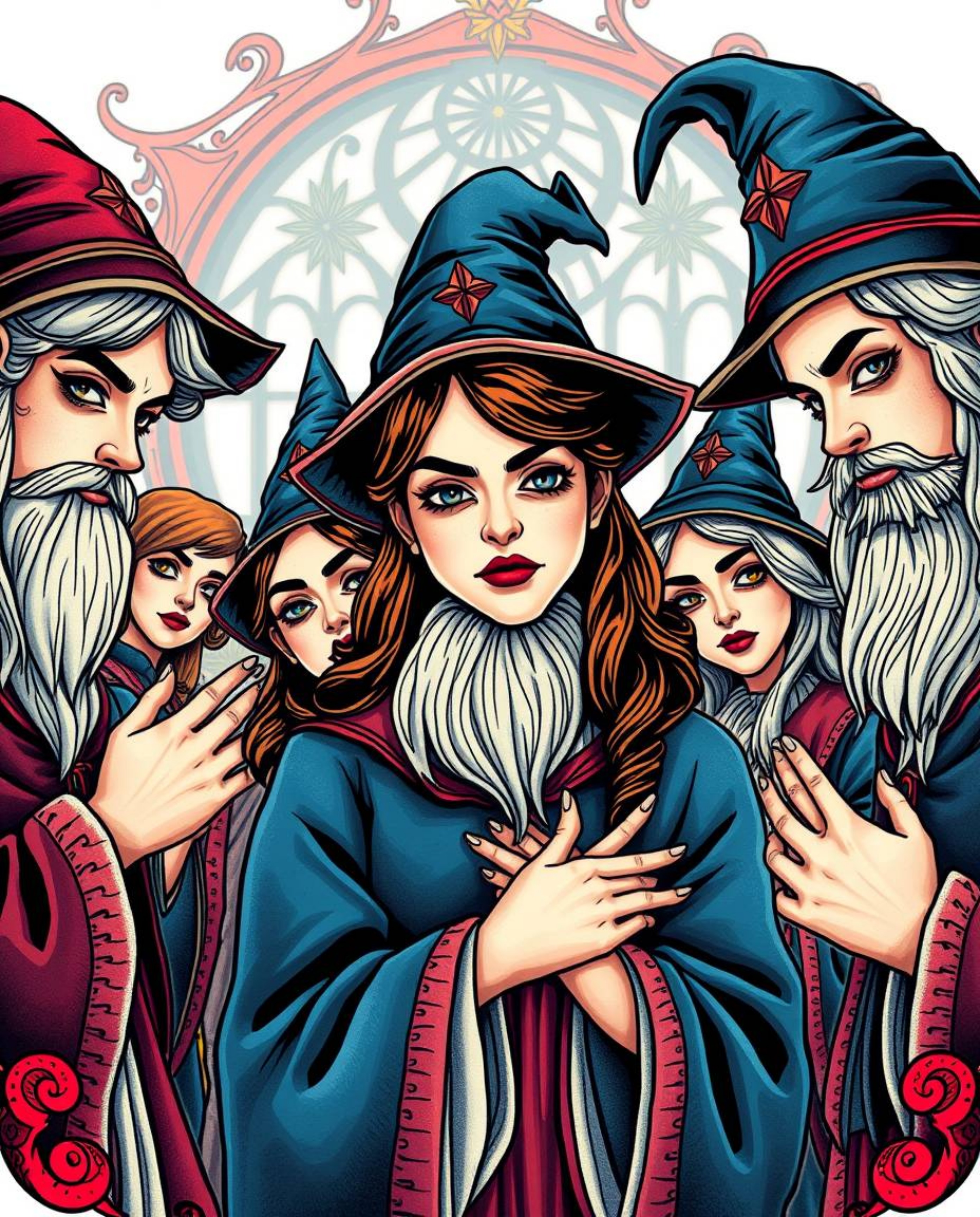 Explore a captivating magical school teeming with young wizards, depicted in graceful and elegant poses. This artwork showcas