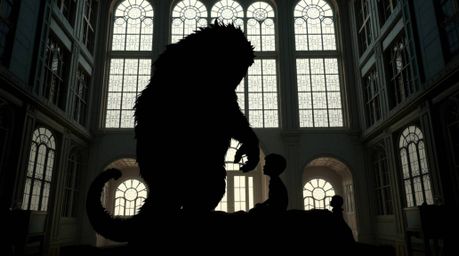Explore a heartwarming architectural color photograph showcasing a unique friendship. A silhouetted monster under the bed is 