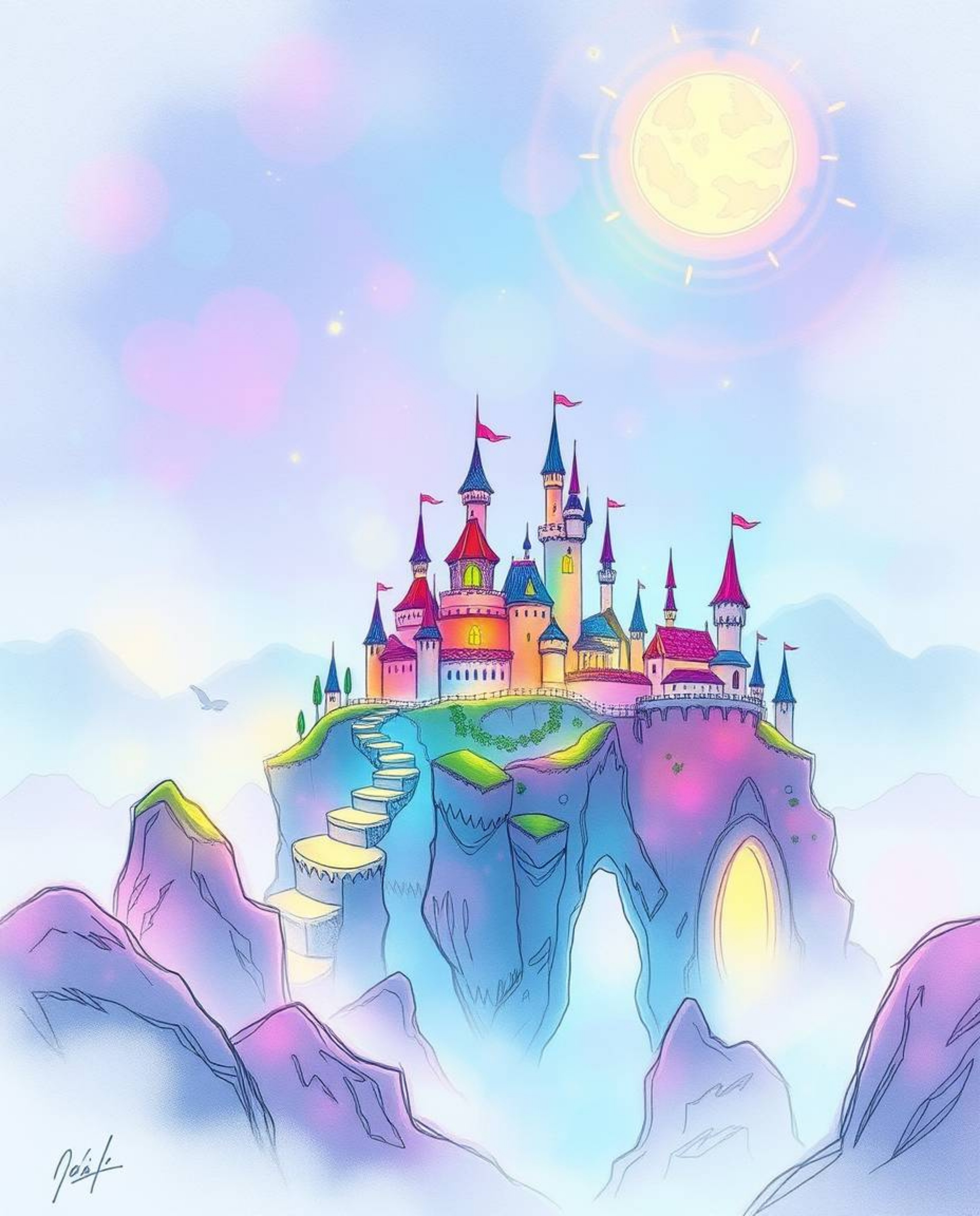 Explore a vibrant and dreamy kingdom bathed in glowing bioluminescent colors, brought to life through a soft, hand-drawn sket