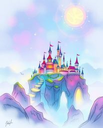 Explore a vibrant and dreamy kingdom bathed in glowing bioluminescent colors, brought to life through a soft, hand-drawn sket
