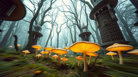 Explore a vintage-style enchanted forest captured in a dynamic architectural color photograph. Glowing mushrooms illuminate t