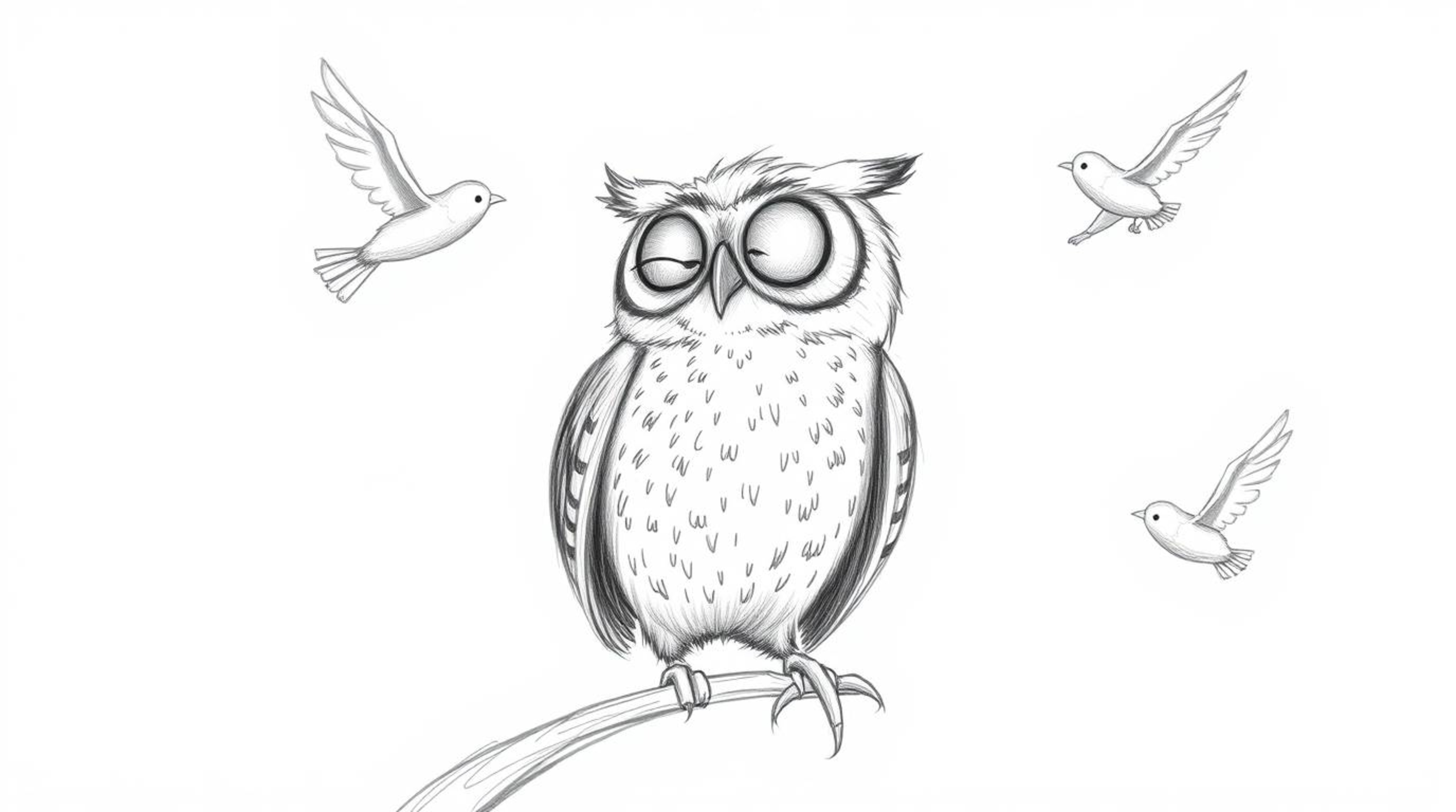 This captivating hand-drawn pencil sketch, rendered in a charming Pixar style, depicts a blind owl ingeniously guiding birds 