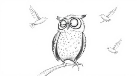 This captivating hand-drawn pencil sketch, rendered in a charming Pixar style, depicts a blind owl ingeniously guiding birds 
