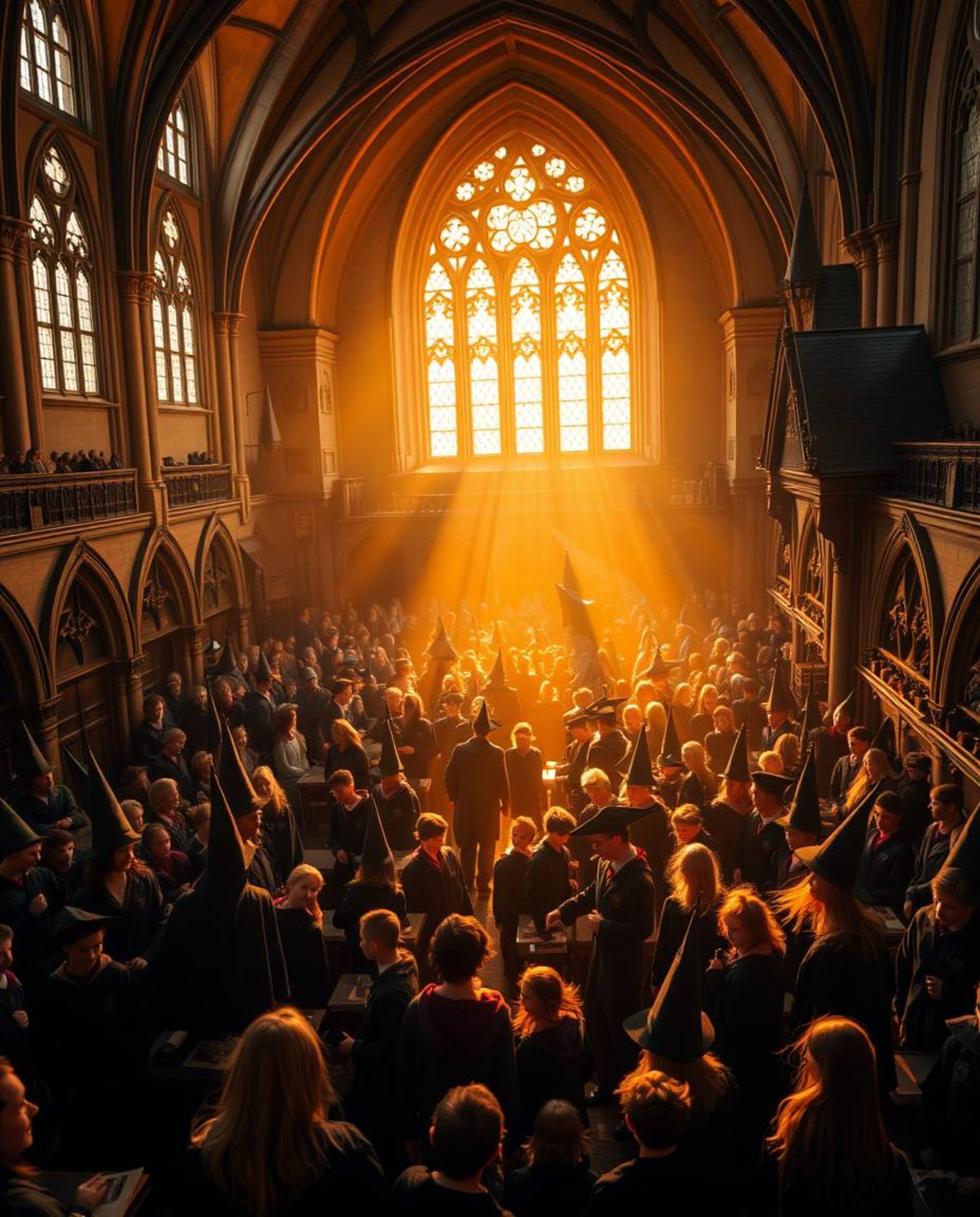 Discover a captivating magical school brimming with young wizards, bathed in the warm glow of golden hour.  The school is div