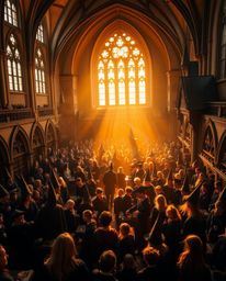 Discover a captivating magical school brimming with young wizards, bathed in the warm glow of golden hour.  The school is div