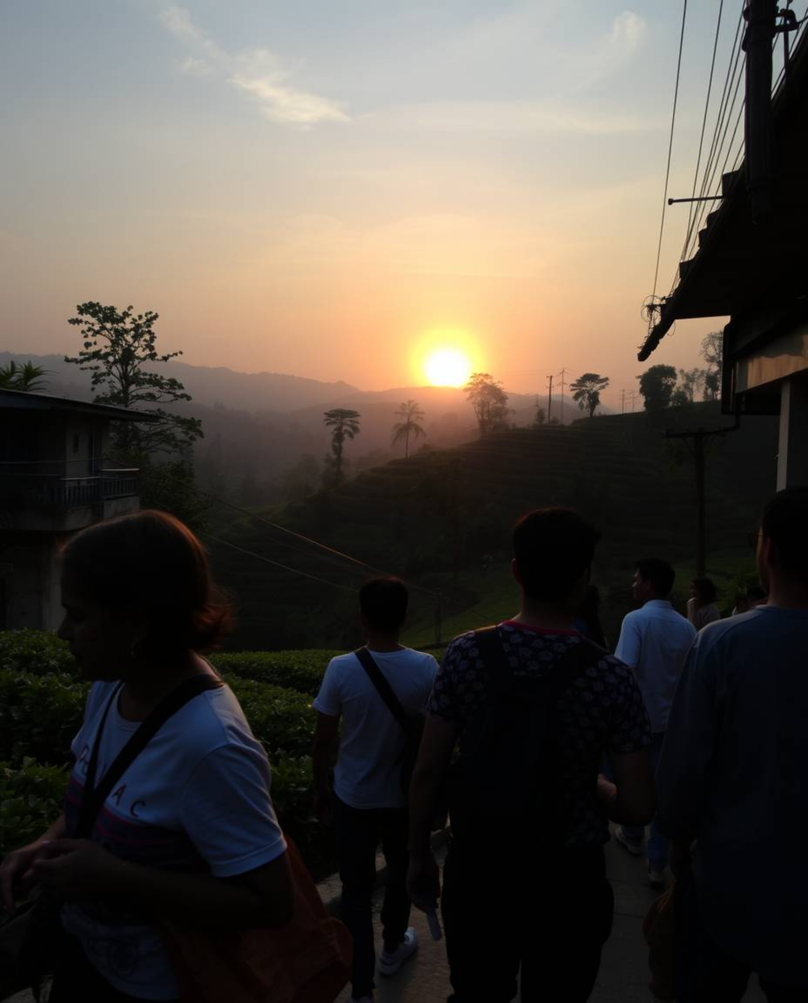 This image captures a sunset over terraced tea plantations in the style of candid street photography, creating a mystic and e