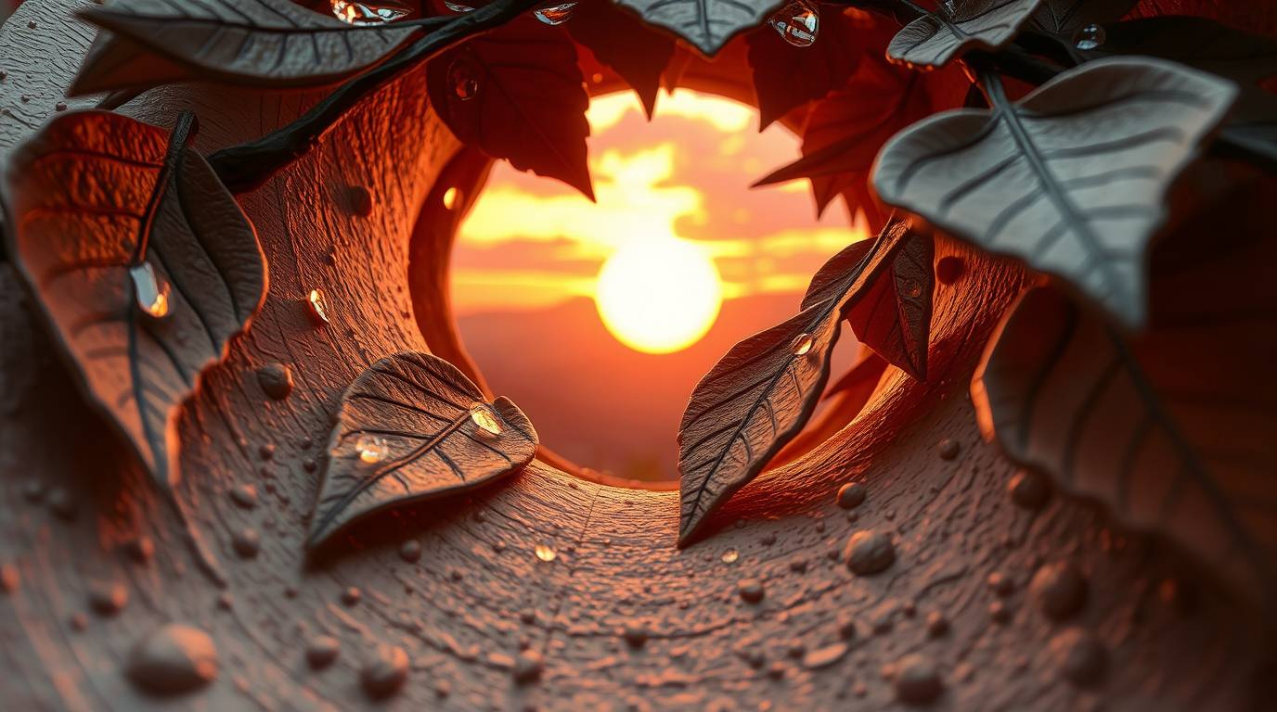 A high-angle perspective showcases a layered papier-mâché sculpture, beautifully depicting a sunset's vibrant reflection in r