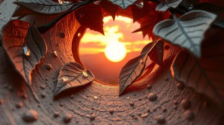 A high-angle perspective showcases a layered papier-mâché sculpture, beautifully depicting a sunset's vibrant reflection in r