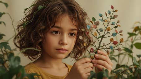 In a cinematic, whimsical photograph with a Pixar-esque flair, a bright-eyed, freckled, and curly-haired young homeschooled g