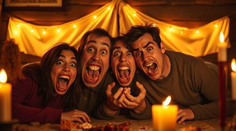 A hilarious gross-out comedy scene is depicted with exaggerated facial expressions, bathed in the warm glow of candlelight. T