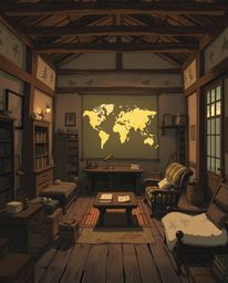 An Isekai anime-style illustration featuring a captivating, glowing map projection within the setting of an old study. The ex