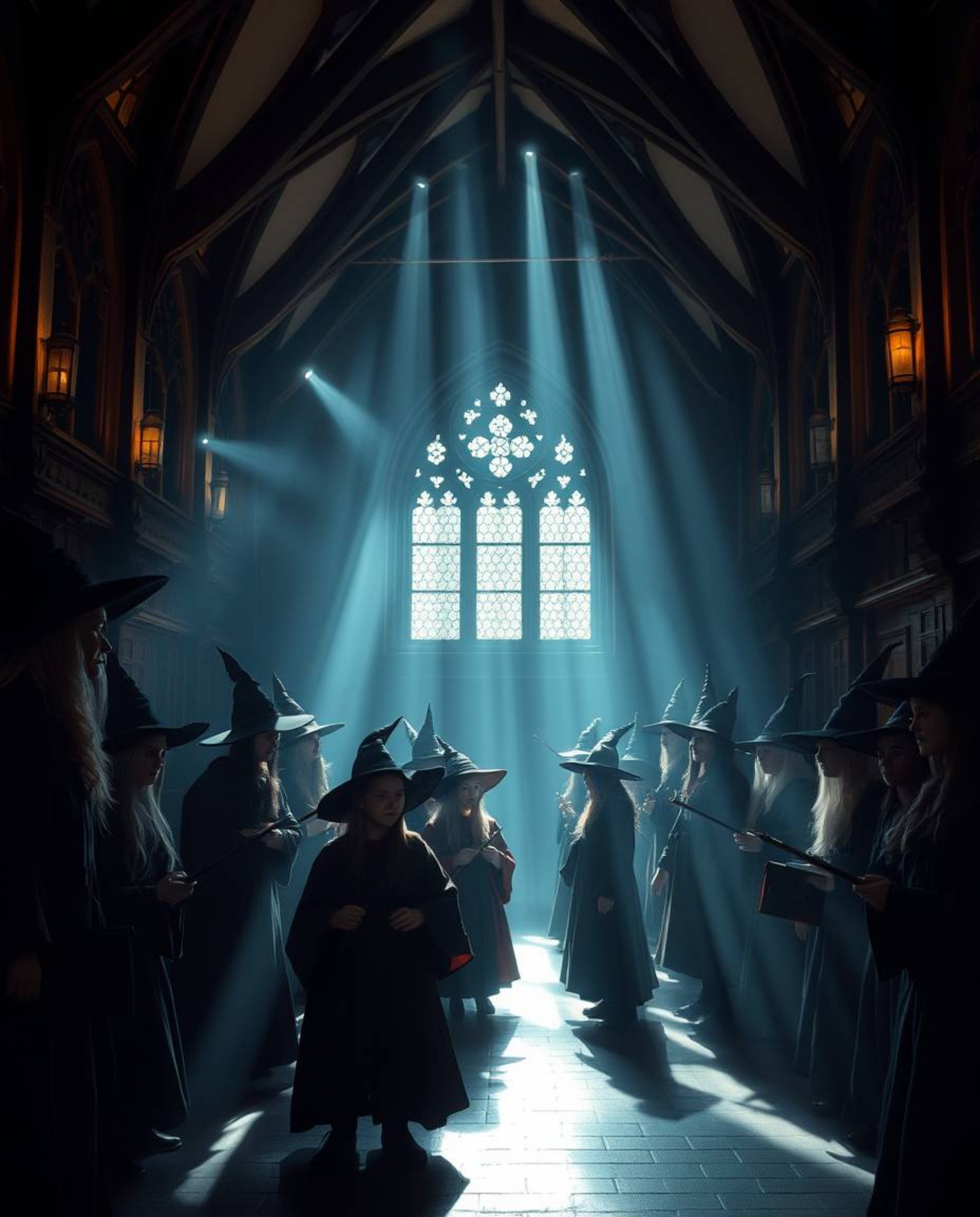 Explore a magical school brimming with young wizards, bathed in dramatic chiaroscuro lighting that evokes an ethereal and spi