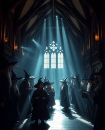 Explore a magical school brimming with young wizards, bathed in dramatic chiaroscuro lighting that evokes an ethereal and spi
