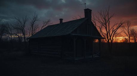 A professional photograph showcasing an eerie and unsettling atmosphere around an old wooden cabin at sunset, rendered with d