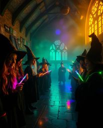 Discover a breathtaking magical school where young wizards train amidst vibrant, bioluminescent colors and natural light.  Ex