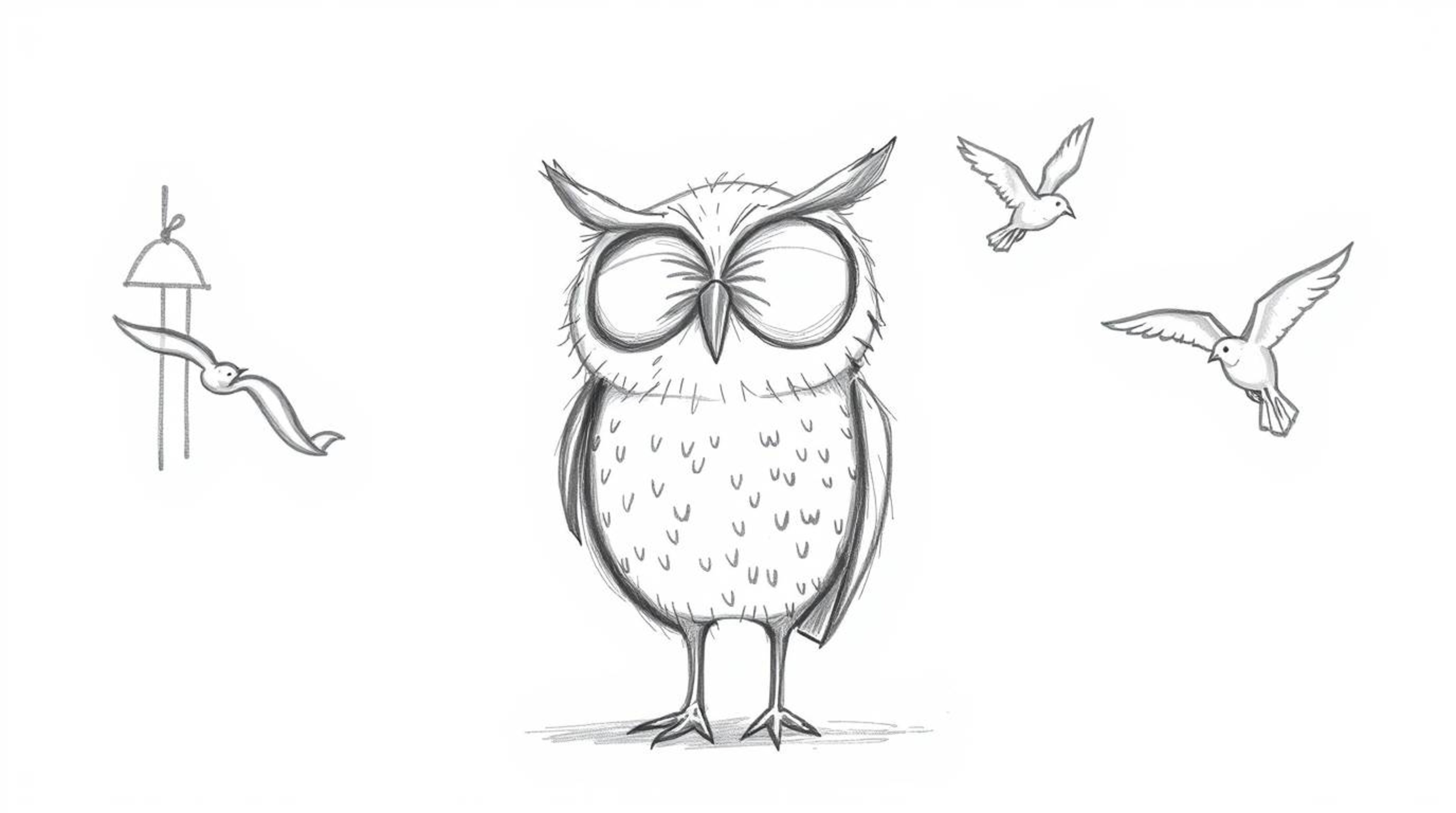 A heartwarming Pixar-style hand-drawn sketch depicts a blind owl with large, expressive eyes and soft plumage, patiently teac