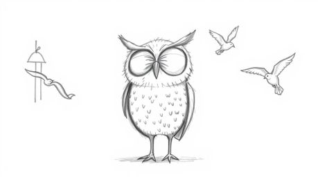A heartwarming Pixar-style hand-drawn sketch depicts a blind owl with large, expressive eyes and soft plumage, patiently teac