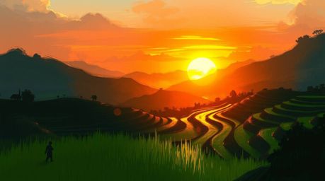 Experience a mesmerizing digital sketch depicting a sunset over vibrant rice terraces. This artwork showcases a glowing biolu