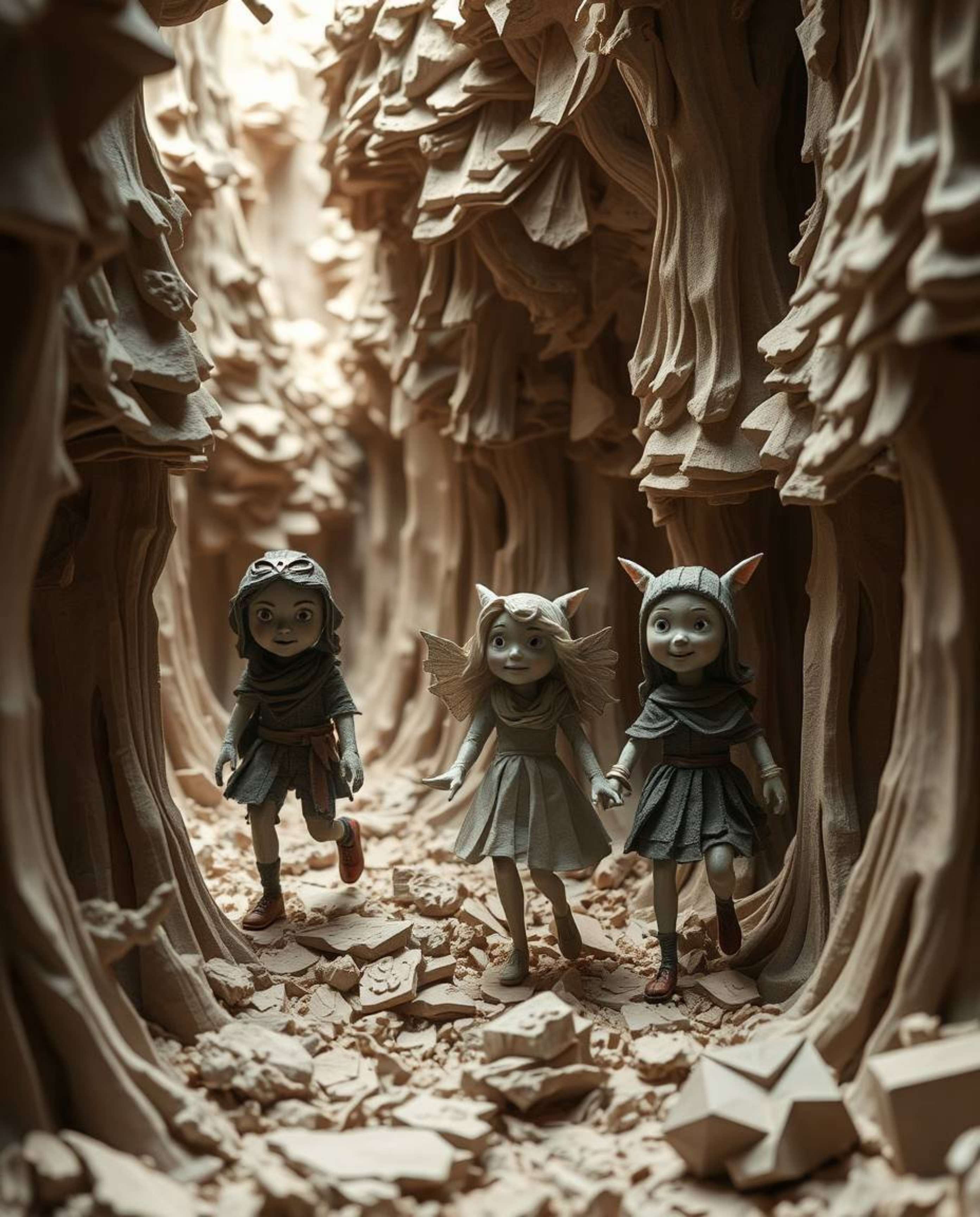 Immerse yourself in a world of layered papier-mâché sculpture, where a group of friends with extraordinary powers venture int