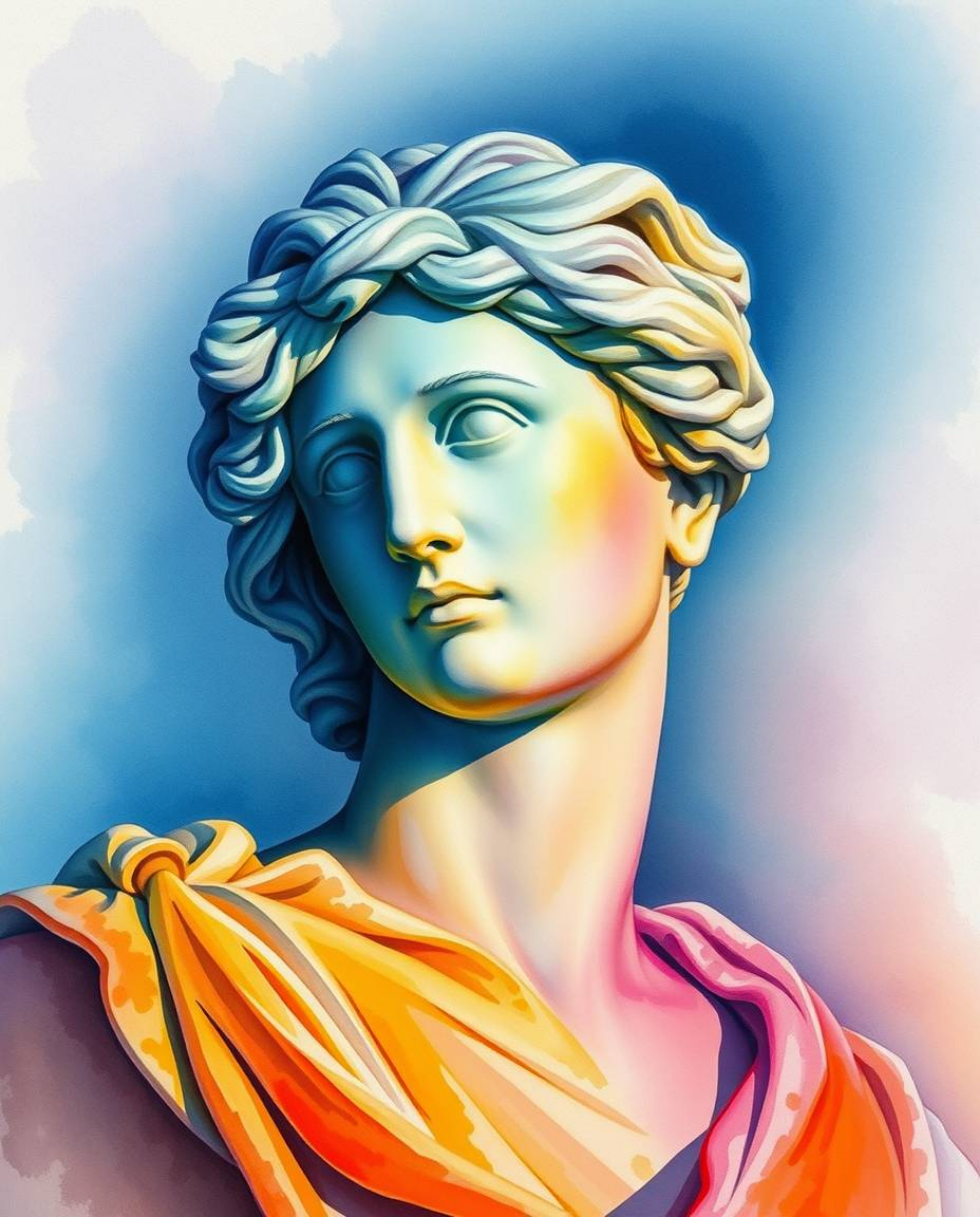 A stunning watercolor painting depicts a classical sculpture infused with a vibrant glitch effect.  The artwork masterfully e