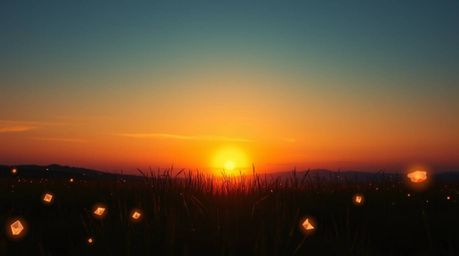 Experience the ethereal beauty of a spiritual sunset over a tranquil meadow. This image evokes a mystical feeling through its