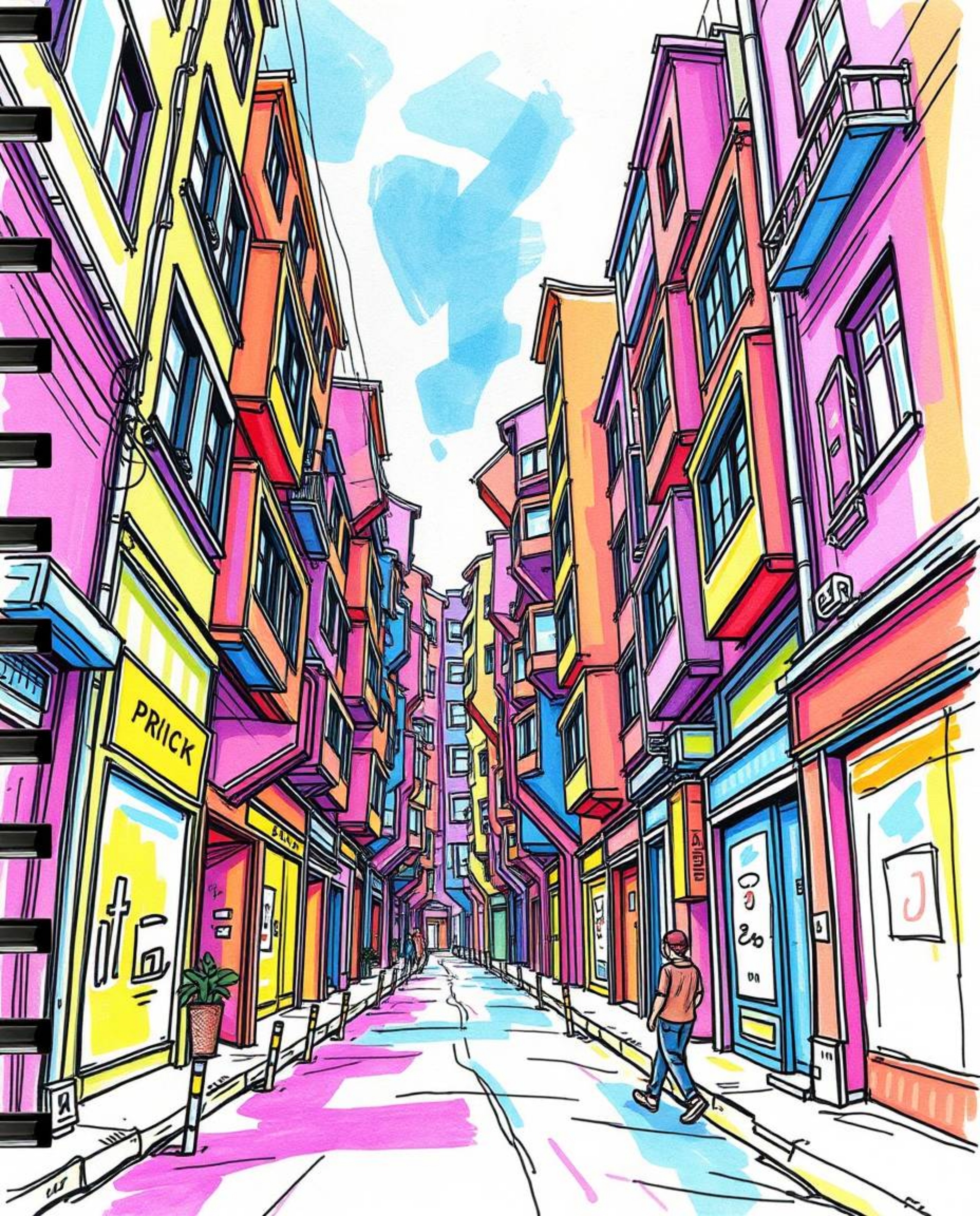 A captivating hand-drawn sketch in Color sketchnote style depicts a surreal street scene.  Buildings fold and twist in electr