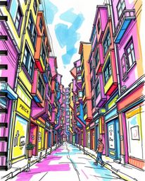 A captivating hand-drawn sketch in Color sketchnote style depicts a surreal street scene.  Buildings fold and twist in electr