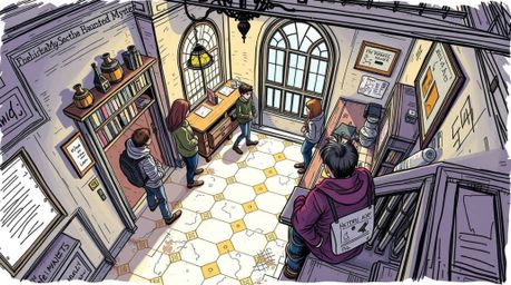 A captivating color sketchnote depicts a high-angle view of teenagers engrossed in solving mysteries within a haunted mansion