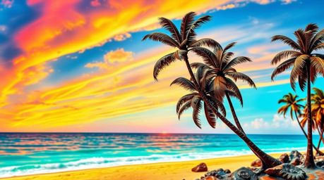 This vibrant cast bronze sculpture captures the essence of an energetic tropical beach sunset. Swaying palm trees and a brigh