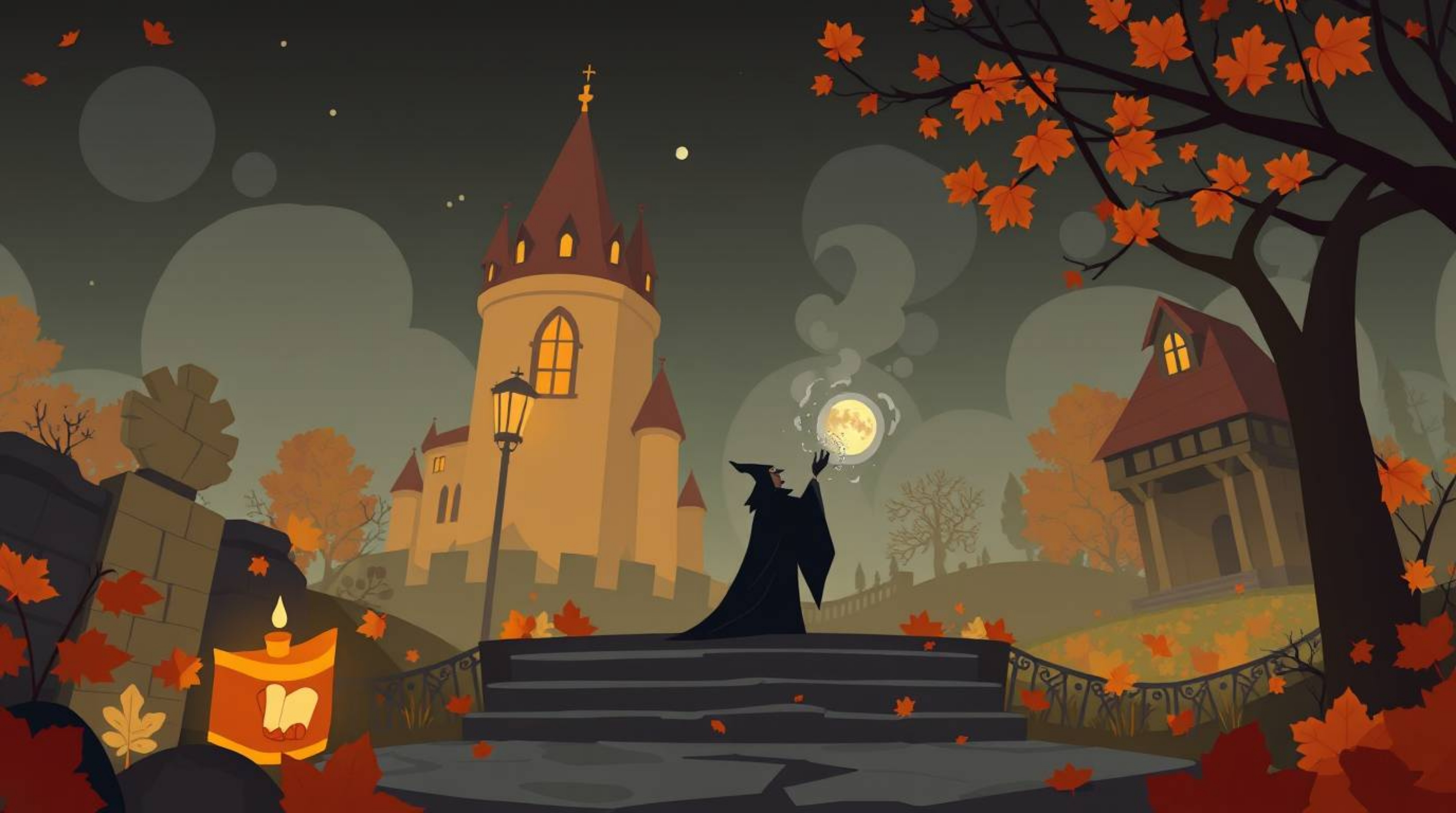 A captivating modern flat design illustration showcasing a classic Disney villain casting a powerful spell within the ancient