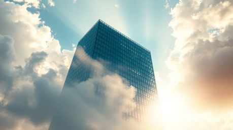 Experience the ethereal and spiritual vibe of a modern glass building dissolving into the sky. Soft clouds blend seamlessly w