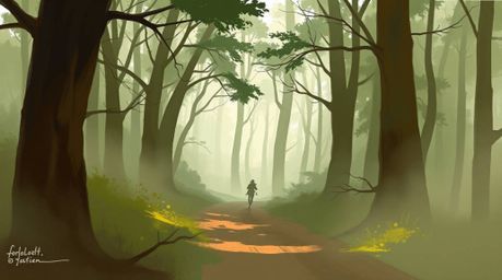 A dynamic digital sketch captures a thrilling chase through a mystical forest with a looping background. Loose, painterly str