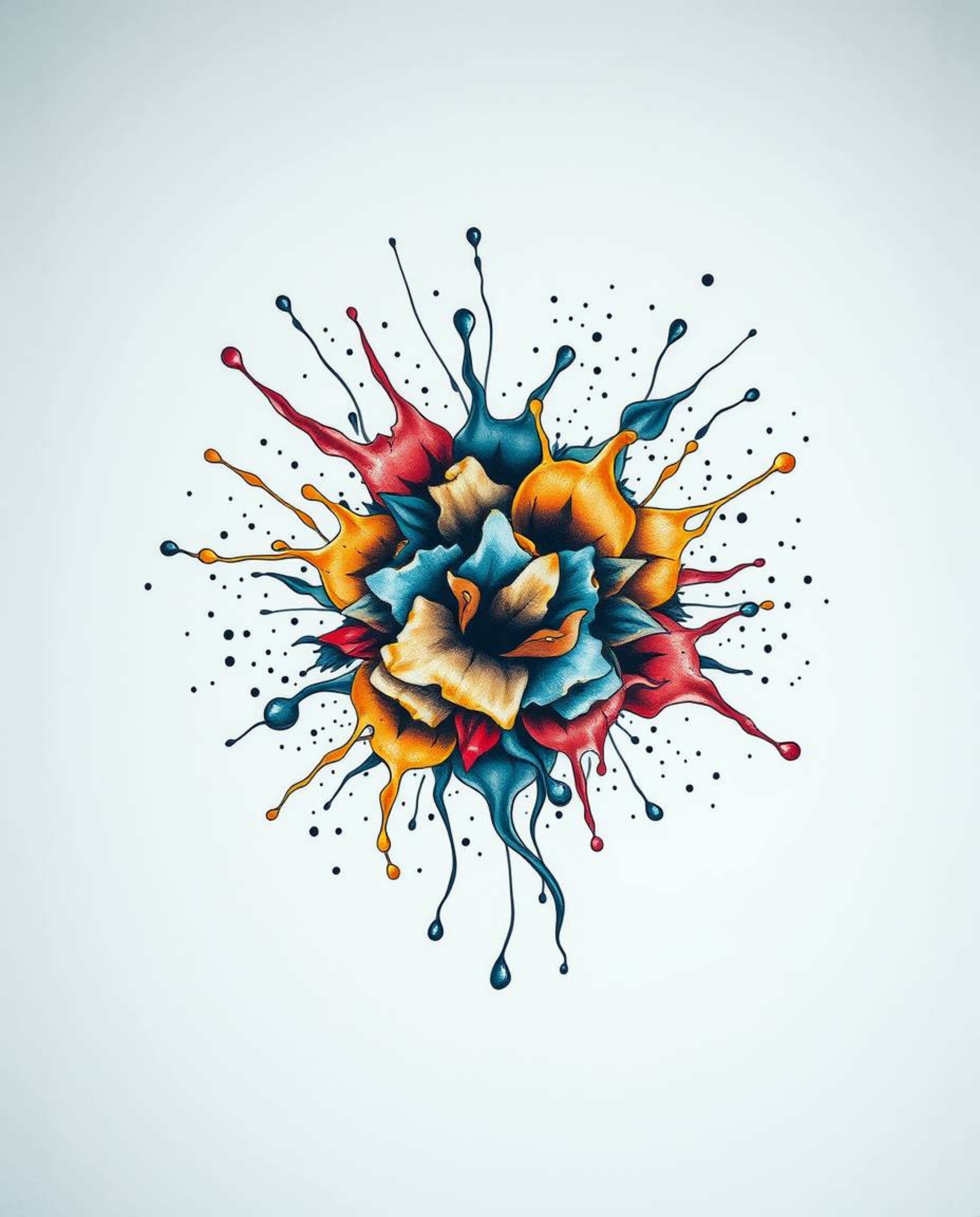 Explore a captivating symbolic traditional tattoo art print, showcasing a dynamic bird's eye view of vibrant colorful splashe