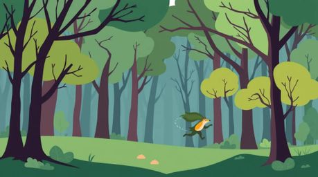 A captivating flat design illustration depicts a dynamic chase scene through a looping forest background. Vibrant, complemen
