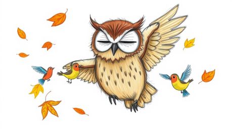 A heartwarming hand-drawn sketch, reminiscent of Pixar animation, depicts a blind owl with warm brown feathers and expressive