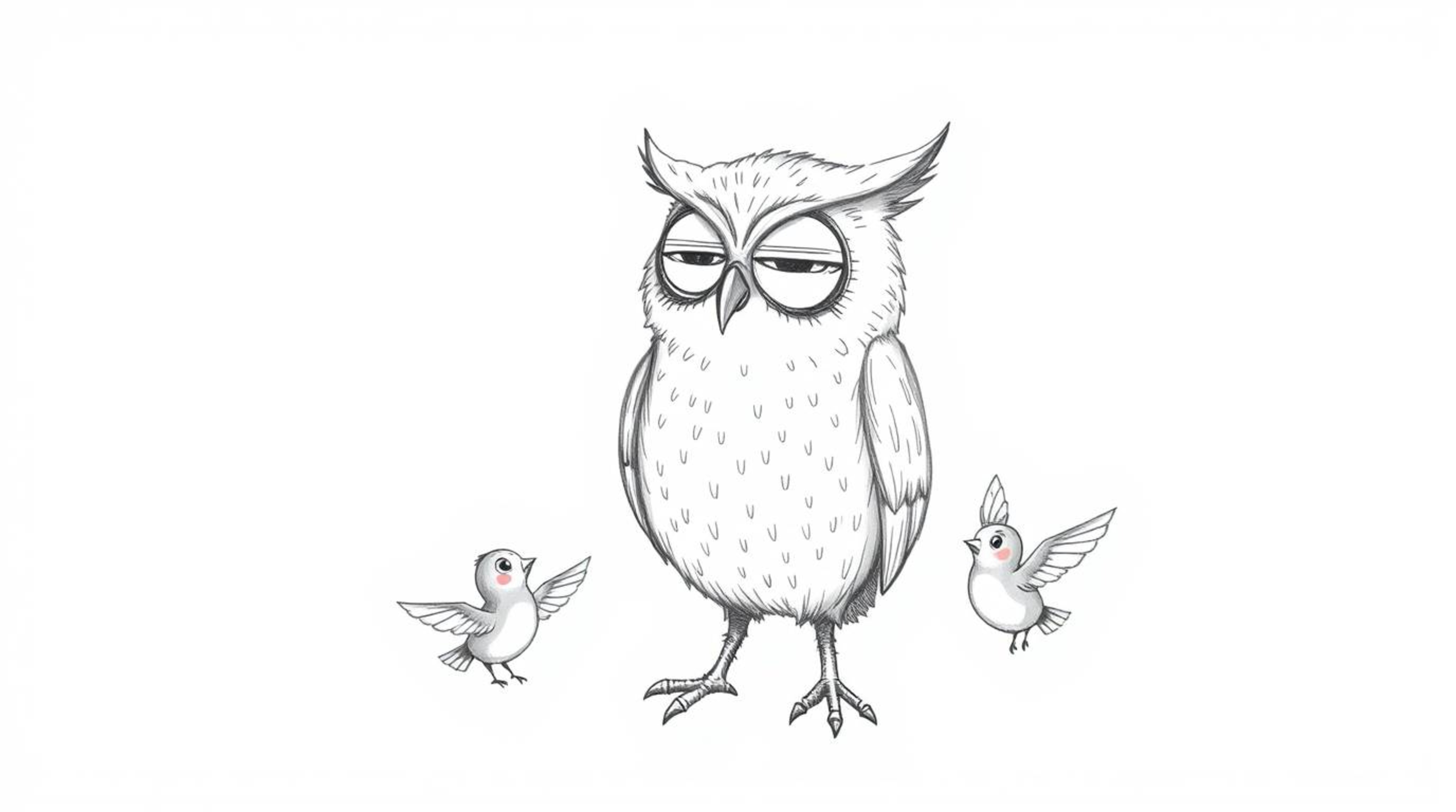 A charming hand-drawn sketch, reminiscent of Pixar, depicts a blind owl lovingly teaching small birds how to fly against a si