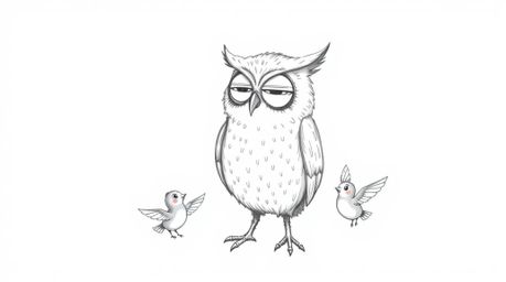 A charming hand-drawn sketch, reminiscent of Pixar, depicts a blind owl lovingly teaching small birds how to fly against a si