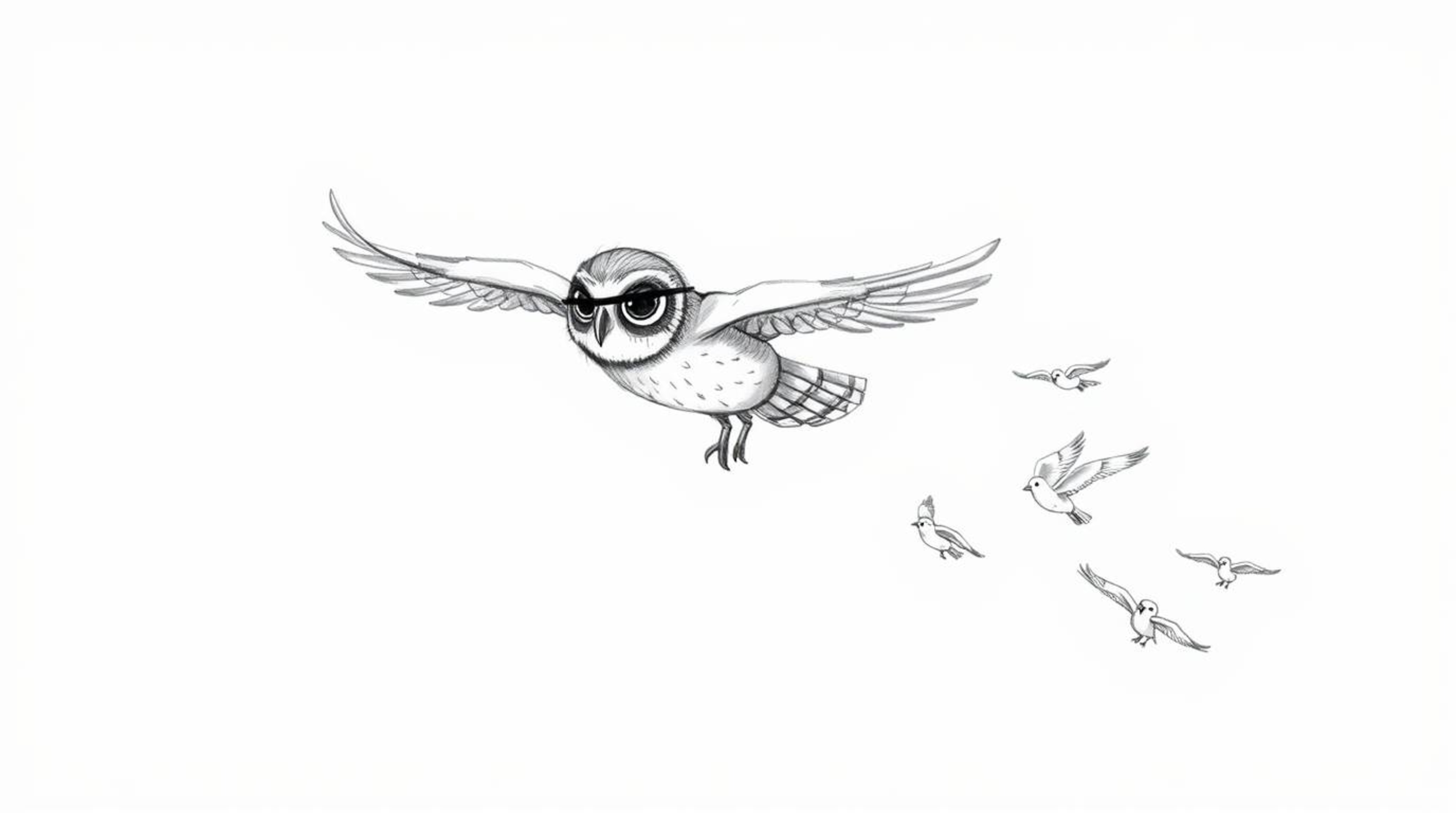 A hand-drawn, Pixar-inspired sketch depicts a blind owl, its feathers subtly detailed, leading a group of birds in flight. Th