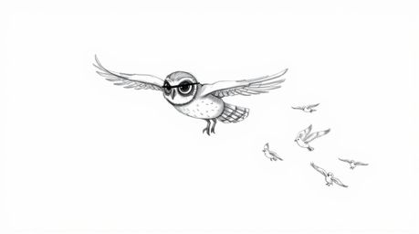 A hand-drawn, Pixar-inspired sketch depicts a blind owl, its feathers subtly detailed, leading a group of birds in flight. Th