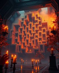 Experience an epic and grand scene set in a modern future, bathed in the glow of lenses and the soft light of warm candleligh