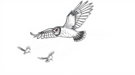 A hand-drawn sketch inspired by Pixar, showcasing a blind owl in mid-flight, guiding a group of birds in their first flying l